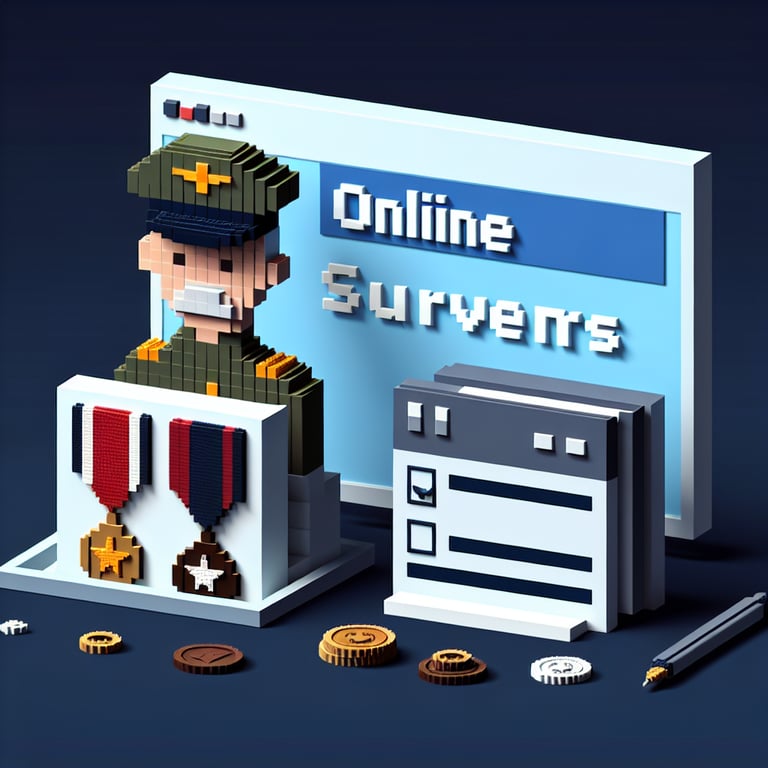 Artistic 3D voxel model highlighting veteran survey themes on a rich blue field