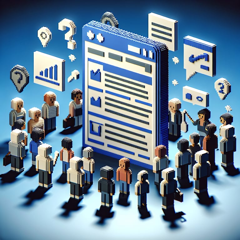 3D voxel art illustrating online surveys and questions against a dark blue background.