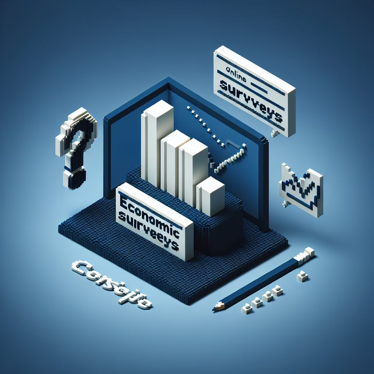 3D voxel art depicting online surveys, symbolizing CSC economic survey questions on a dark blue background.