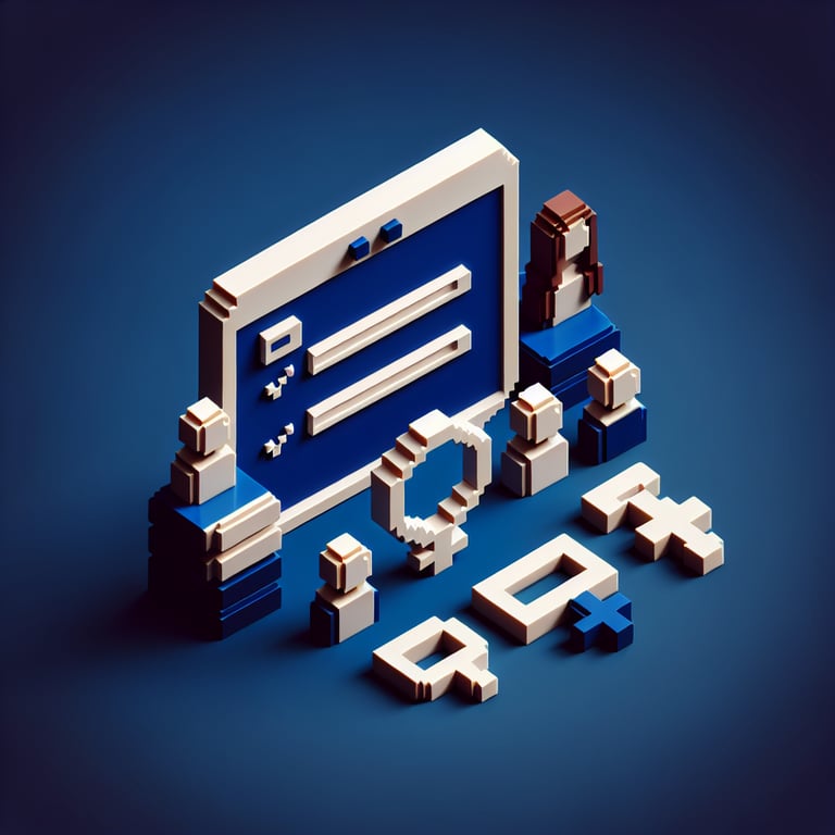 3D voxel art depicting online gender survey questions on a dark blue background.