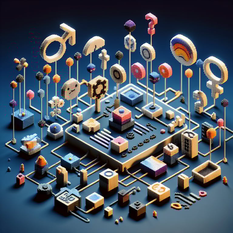 3D voxel art depicting online surveys about gender identity, set against a dark blue background.