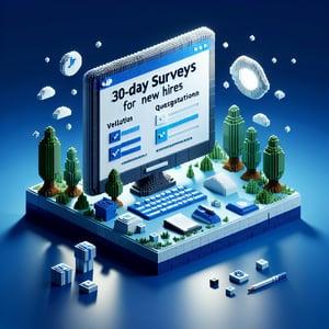 3D voxel art depicting the concept of online 30 day new hire survey questions on a dark blue background.