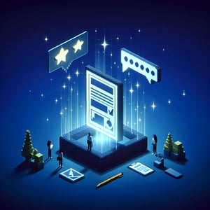 3D voxel art depicting the concept of online consumer insight surveys on a dark blue background.