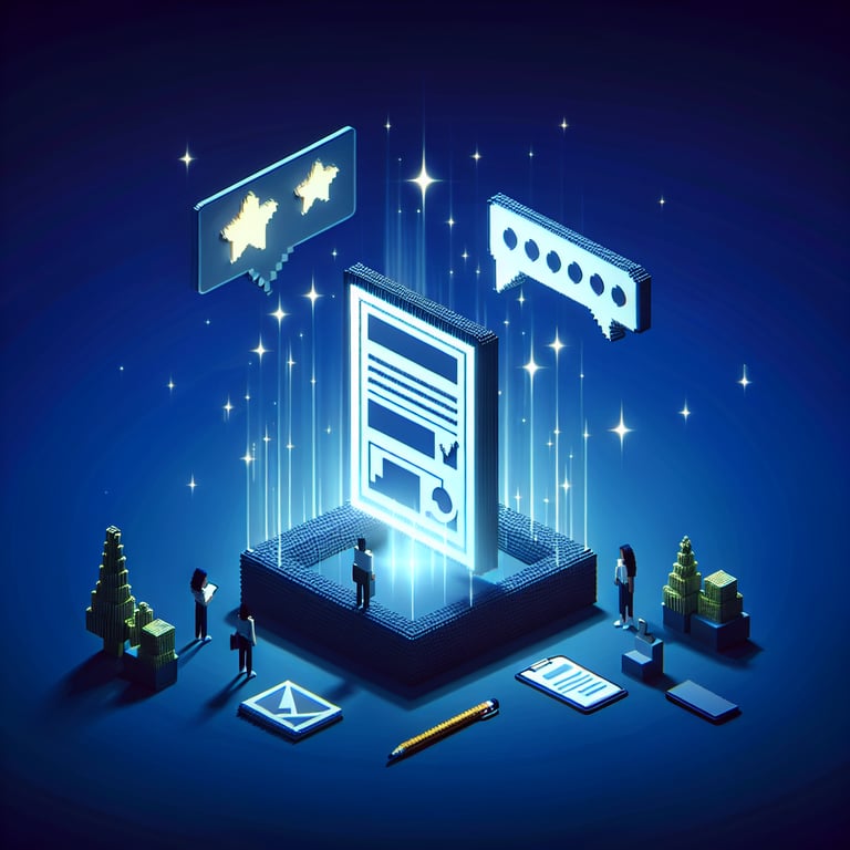 3D voxel art depicting the concept of online consumer insight surveys on a dark blue background.