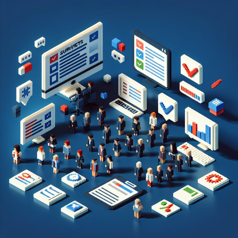 3D voxel art depicting online surveys concept, with a dark blue background, related to Obama surveys.