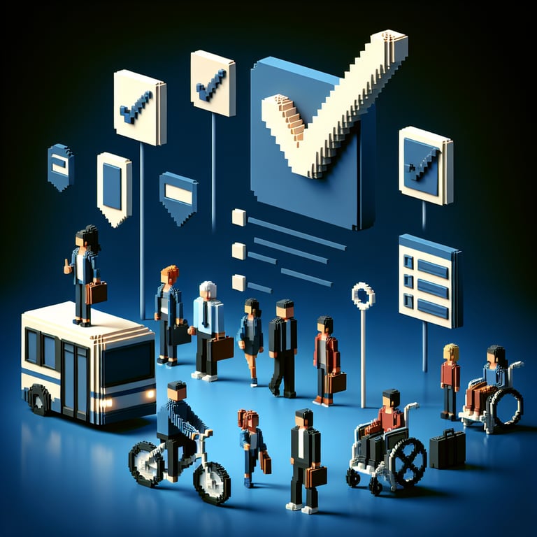 3D voxel art depicting the concept of online commuter surveys on a dark blue background.
