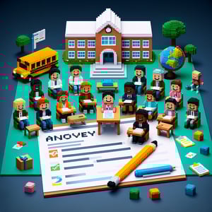 3D voxel art depicting online surveys, symbolizing primary school staff survey questions.