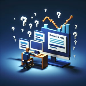 3D voxel art depicting the concept of online surveys and questions on a dark blue background.