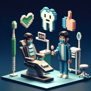 3D voxel art depicting online dental patient satisfaction surveys on a dark blue background.