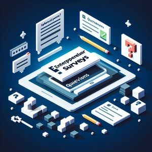 3D voxel art depicting online entrepreneur surveys on a dark blue background.