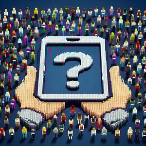 3D voxel art depicting online surveys and questions for event feedback, set against a dark blue background.