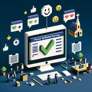 3D voxel art depicting online surveys related to parent satisfaction in Catholic schools.