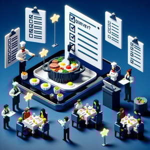 3D voxel art depicting online restaurant survey concept on a dark blue background.