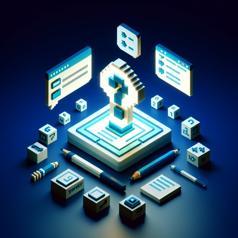 3D voxel art depicting online surveys on a dark blue background, representing cahps surveys.