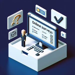 3D voxel art depicting online surveys, highlighting the concept of sample survey fairness questions.