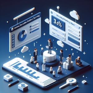 3D voxel art illustrating online socioeconomic status surveys with a dark blue background.