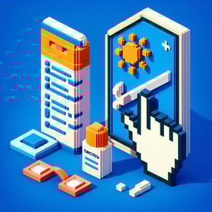 3D voxel art depicting an online survey concept, specifically related to sunscreen, on a dark blue background.