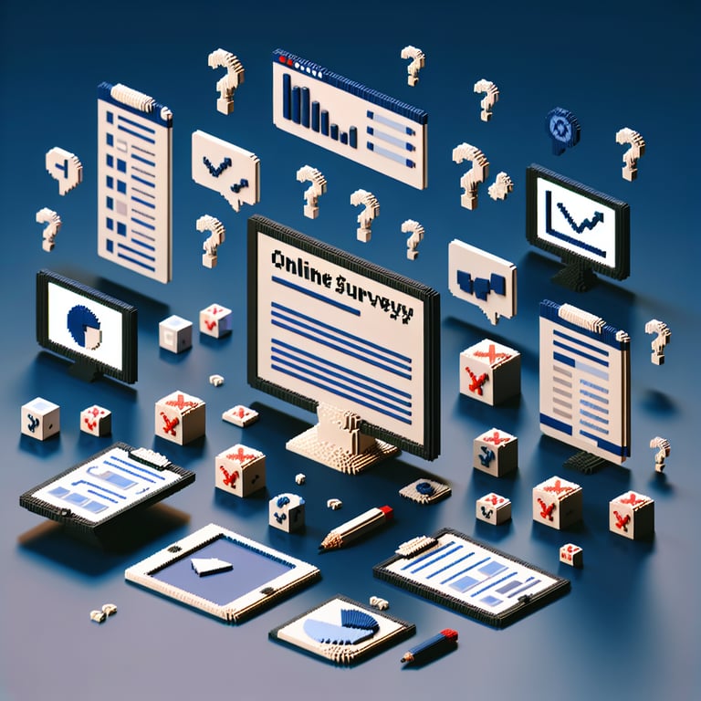 3D voxel art depicting online ad testing surveys, with a dark blue background.