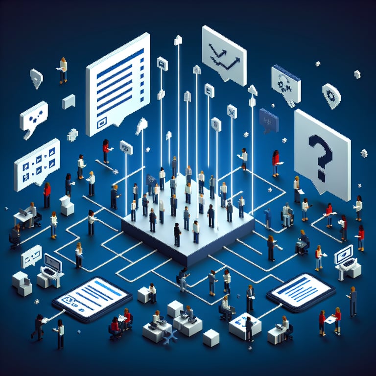 3D voxel art depicting online surveys, symbolizing sales kick off survey questions on a dark blue background.