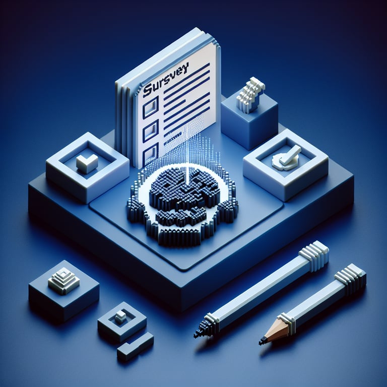 3D voxel art depicting online concussion surveys, with a dark blue background.