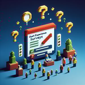 3D voxel art depicting online guest experience surveys on a dark blue background.
