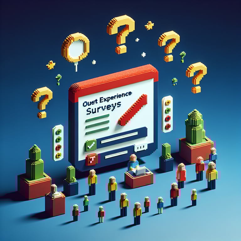 3D voxel art depicting online guest experience surveys on a dark blue background.