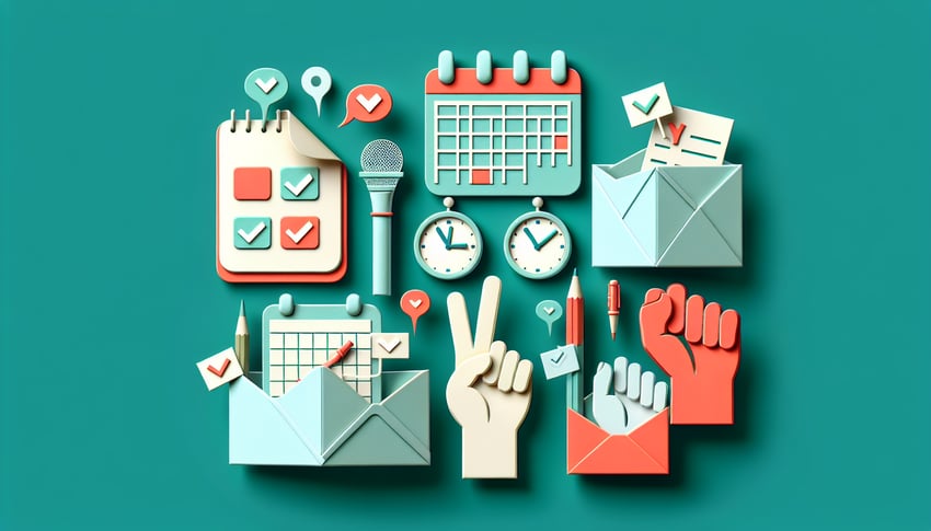 Paper-cut style illustration depicting a meeting availability poll with clocks and calendars.