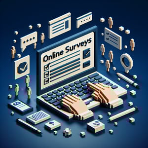 3D voxel art depicting the concept of online employee engagement surveys on a dark blue background.