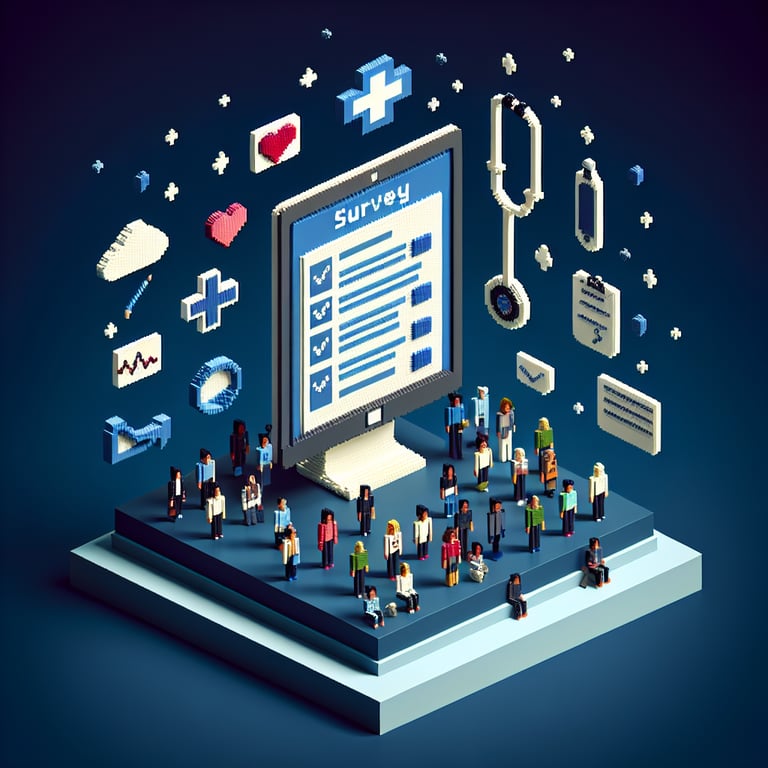3D voxel art representing online health identity question themes