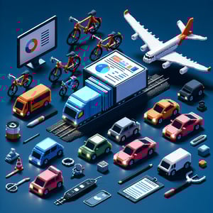 3D voxel art of various transportation modes symbolizing online survey options on a dark blue background.