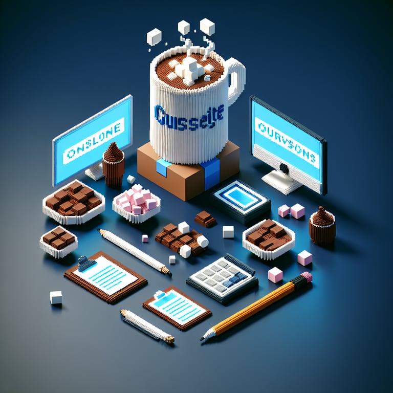 3D voxel art illustrating an online survey concept with a hot chocolate theme on a dark blue background.
