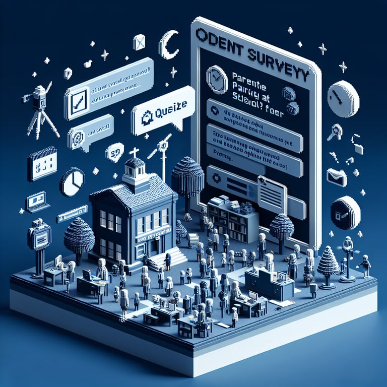 3D voxel art depicting the concept of online parent surveys with a dark blue background.