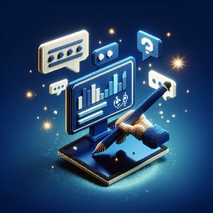 3D voxel art depicting online surveys on a smart board, set against a dark blue background.