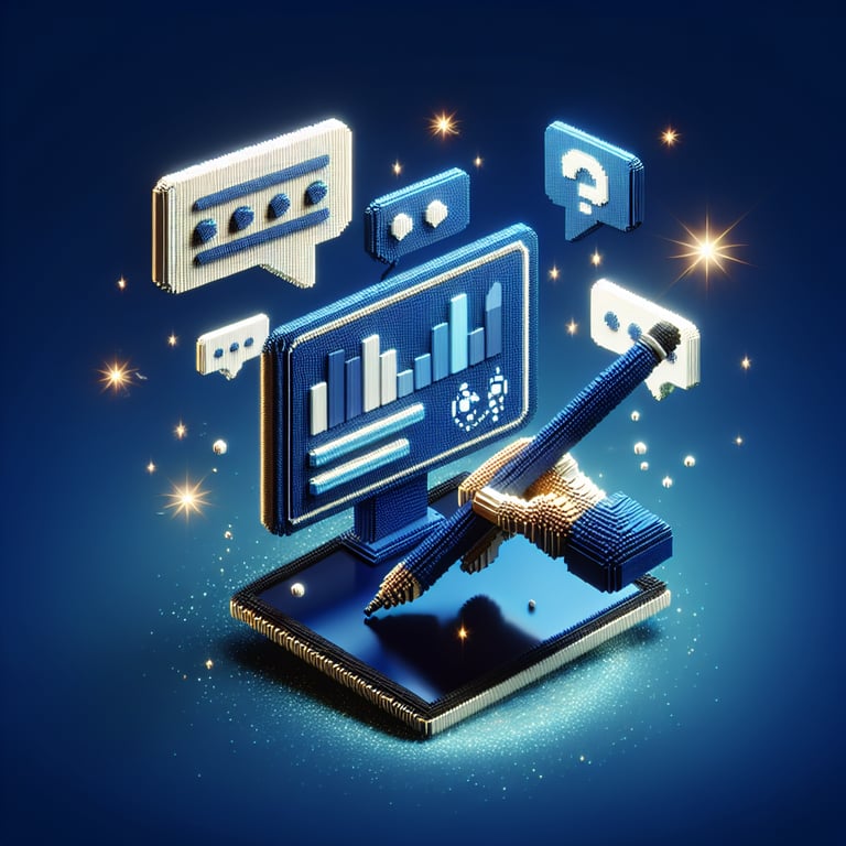 3D voxel art depicting online surveys on a smart board, set against a dark blue background.