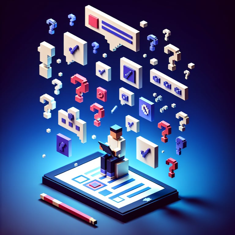 3D voxel art depicting online client surveys against a dark blue background.