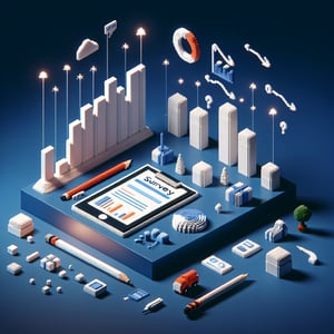 3D voxel art depicting online industry forecast survey process on a dark blue background.