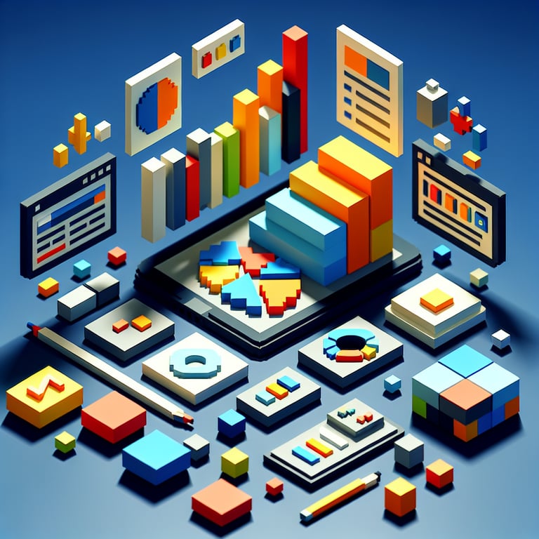 Creative 3D voxel illustrating a digital graphic design questionnaire environment