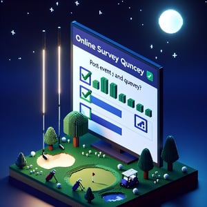 3D voxel art of online survey elements on a dark blue background, symbolizing post-golf tournament inquiries.