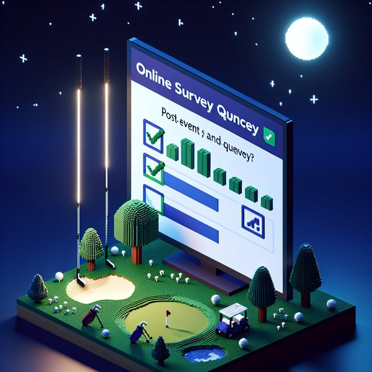 3D voxel art of golf feedback survey interface on dark blue background