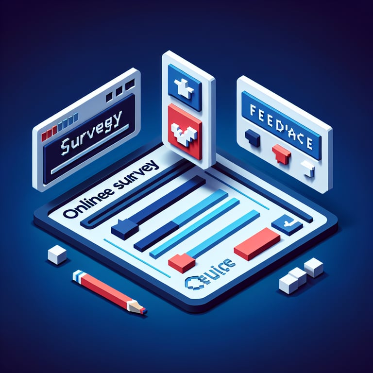 Artistic 3D voxel depicting service quality survey and feedback loop