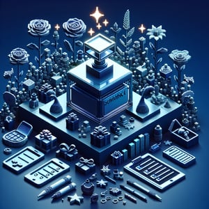3D voxel art depicting the concept of online fragrance surveys on a dark blue background.