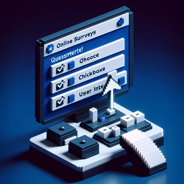 3D voxel art depicting online surveys, symbolizing CDC survey questions, on a dark blue background.