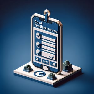 3D voxel art depicting the concept of online surveys, set against a dark blue background.