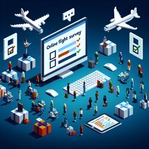 3D voxel art depicting the concept of online flight surveys against a dark blue background.