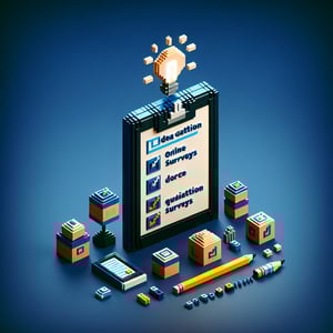 3D voxel art depicting the concept of online idea validation surveys on a dark blue background.