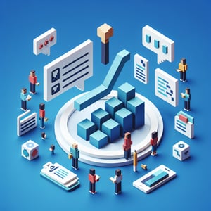 3D voxel art depicting the concept of online surveys, specifically focusing on the number of questions in an NPS survey, against a dark blue background.