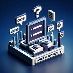 3D voxel art depicting the concept of online virtual reality surveys on a dark blue background.