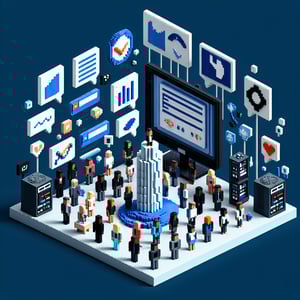 3D voxel art depicting online surveys, highlighting the concept of media bias surveys on a dark blue background.