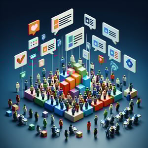 3D voxel art depicting online surveys, set against a dark blue background for demographic research.