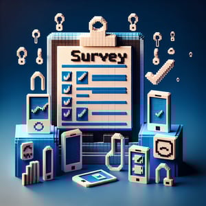 3D voxel art depicting online surveys, symbolizing BYOD parent survey questions on a dark blue background.